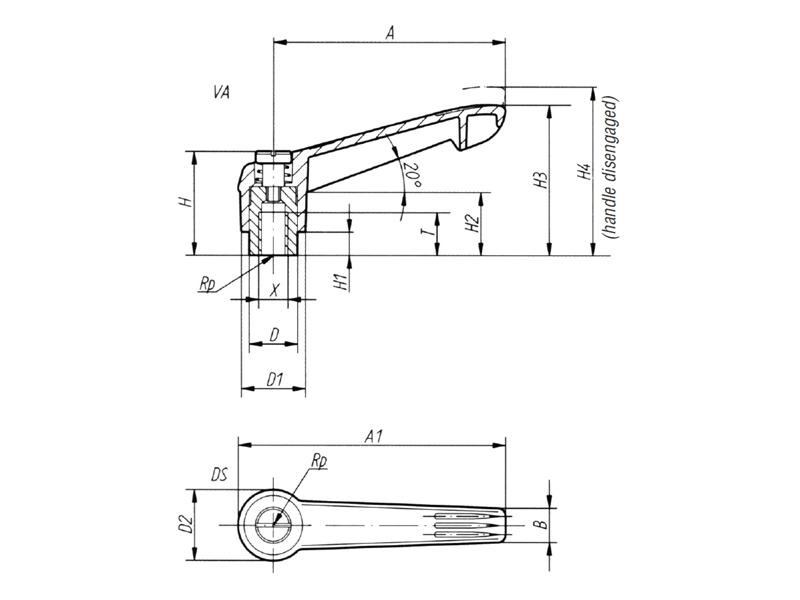 50208000 Die Cast Zinc Handle Clamping Lever internal thread
